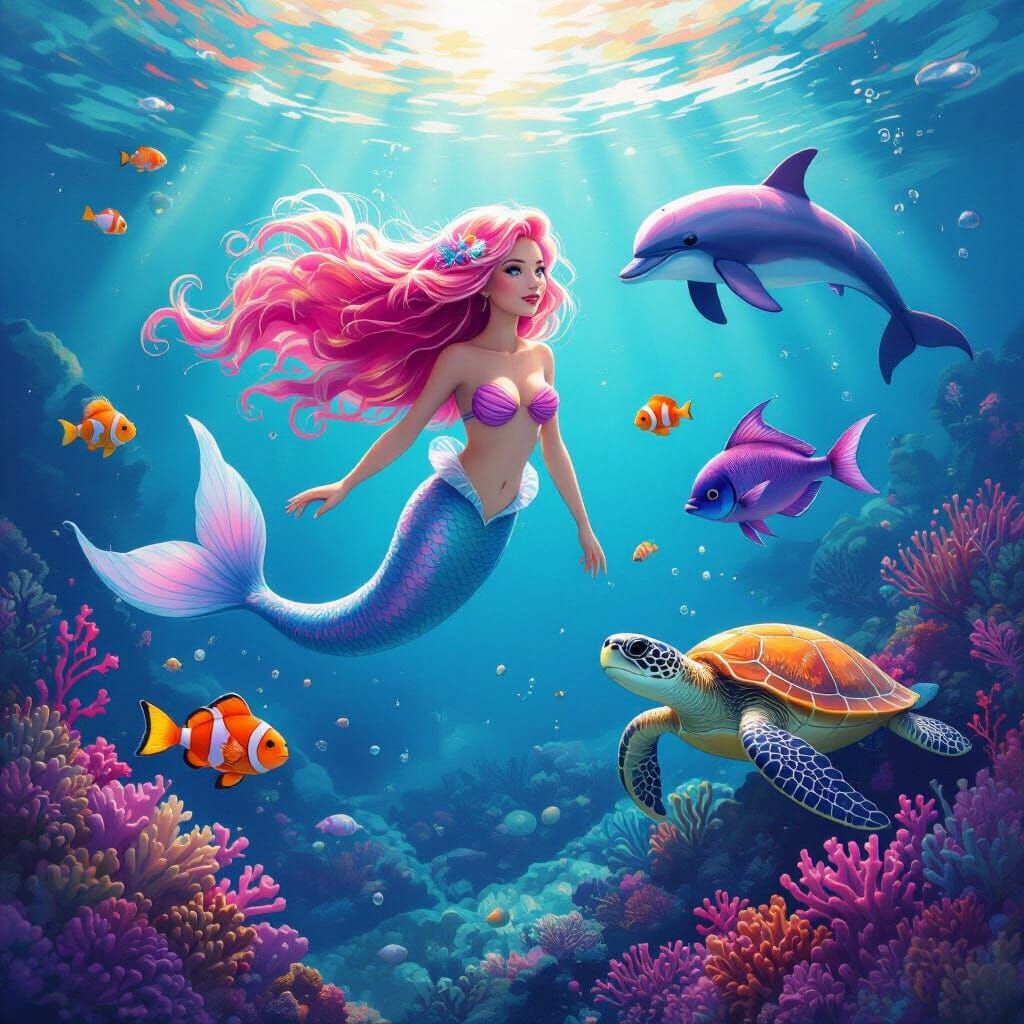 Mermaid and Marine Life in a Dreamlike Ocean