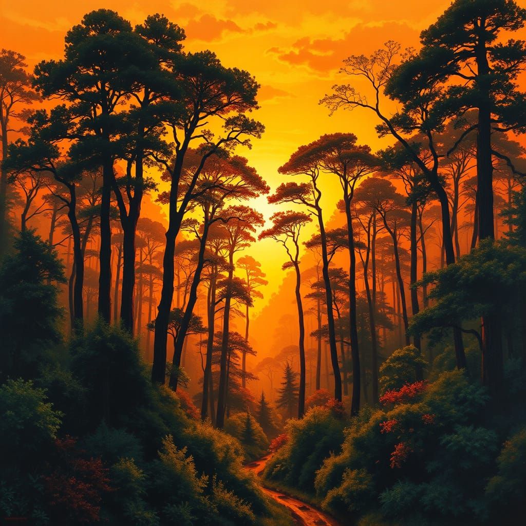 Epic Sunset Forest Landscape in Impasto Style