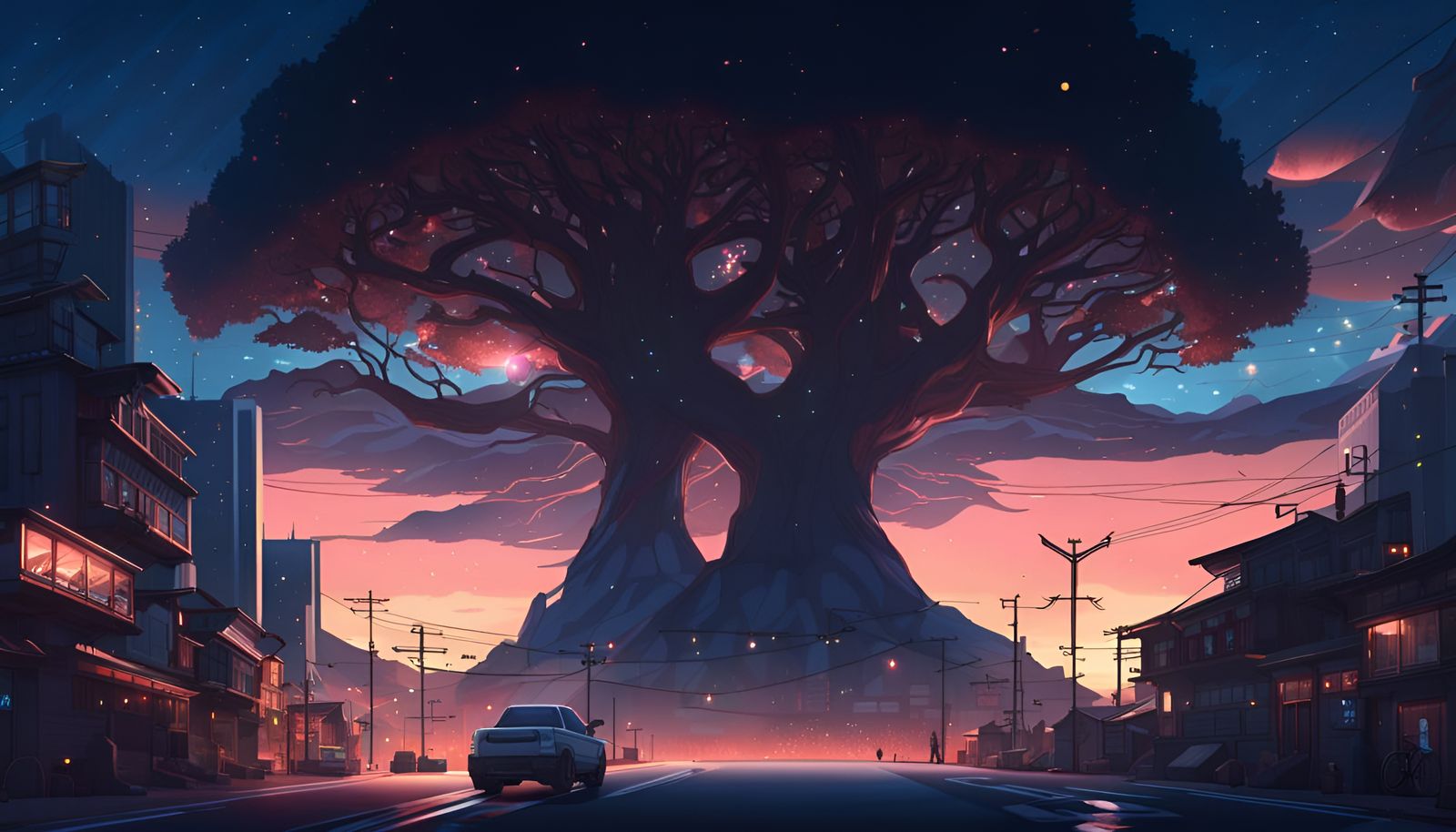 Cyberpunk City Street with Yggdrasil, Anime Style