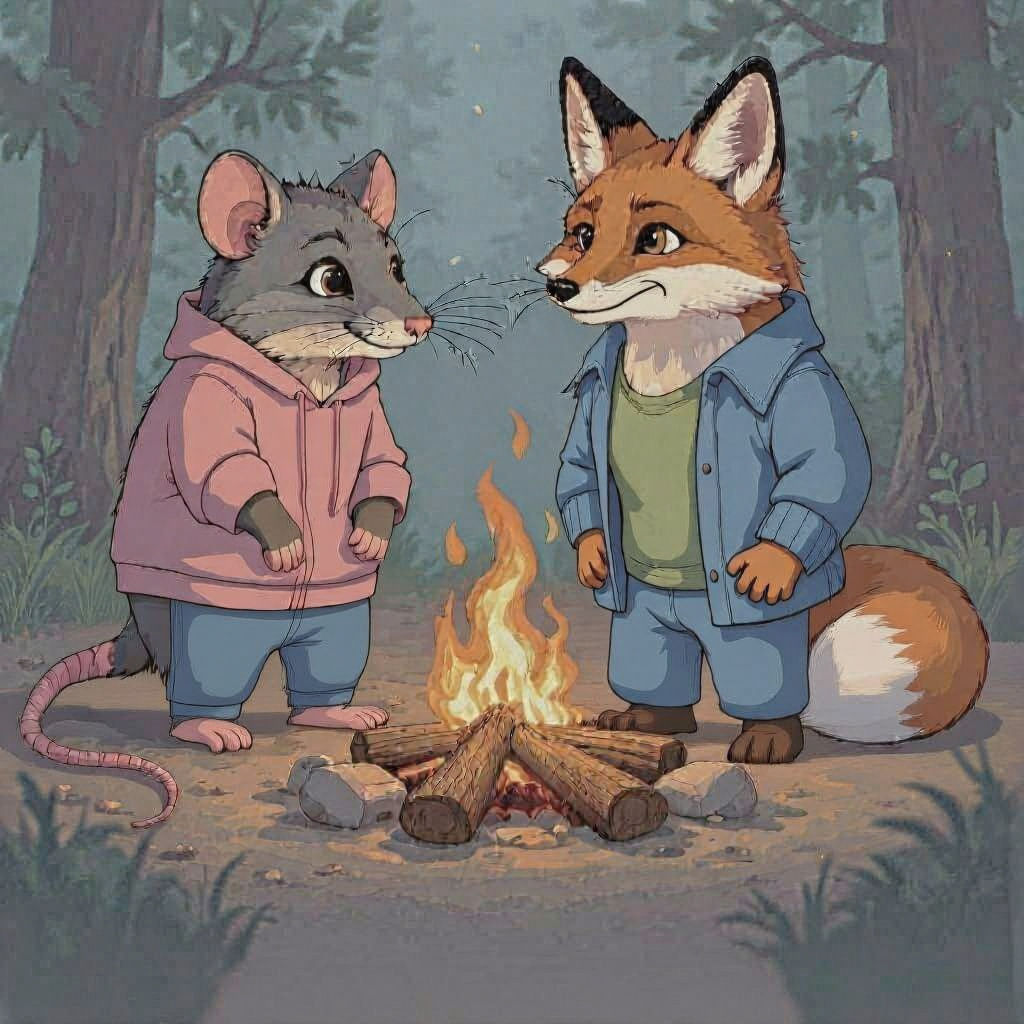 Fox and Rat Campfire Chat in Comic Book Style