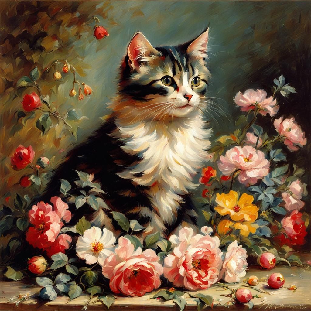 Cat on Pillow with Flowers: Romanticism Painting