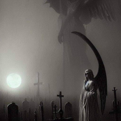 Red Moon Cemetery with Angel of Death, Horror Art