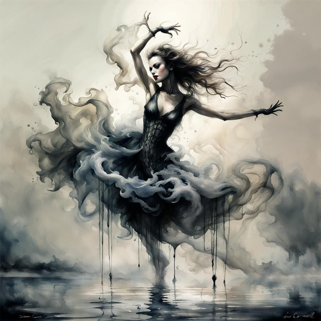 Surreal Dancer on Water in Watercolor Ink Style