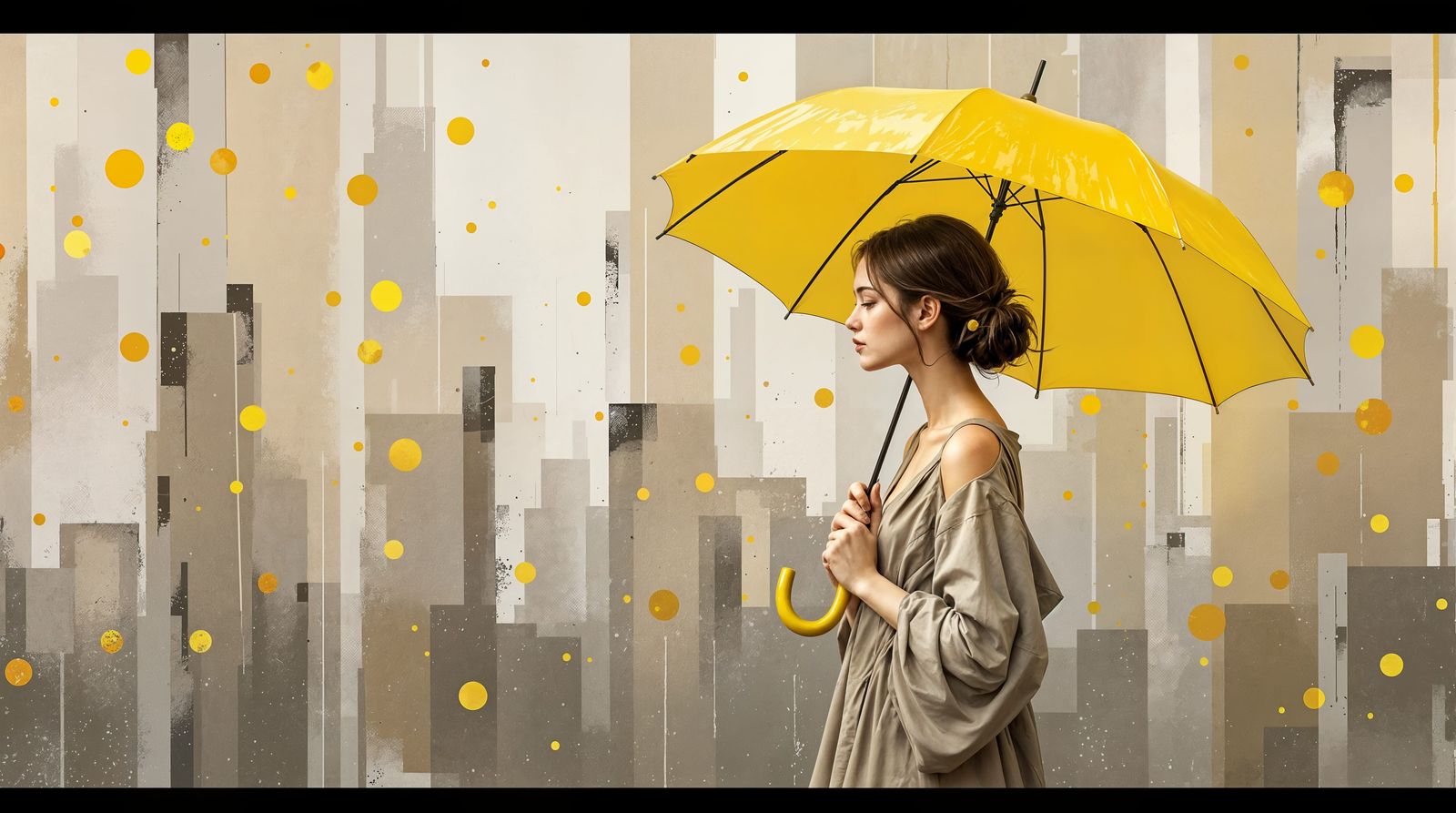 Impressionistic Cityscape with Melancholic Young Woman