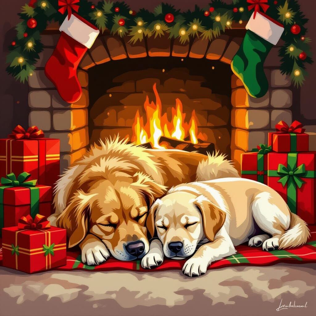 Dogs Snug by Fireplace in Digital Illustration