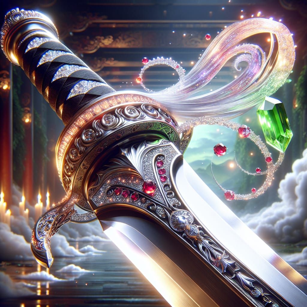 Diamond Katana with Ruby Hilt and Emerald, 3D Render