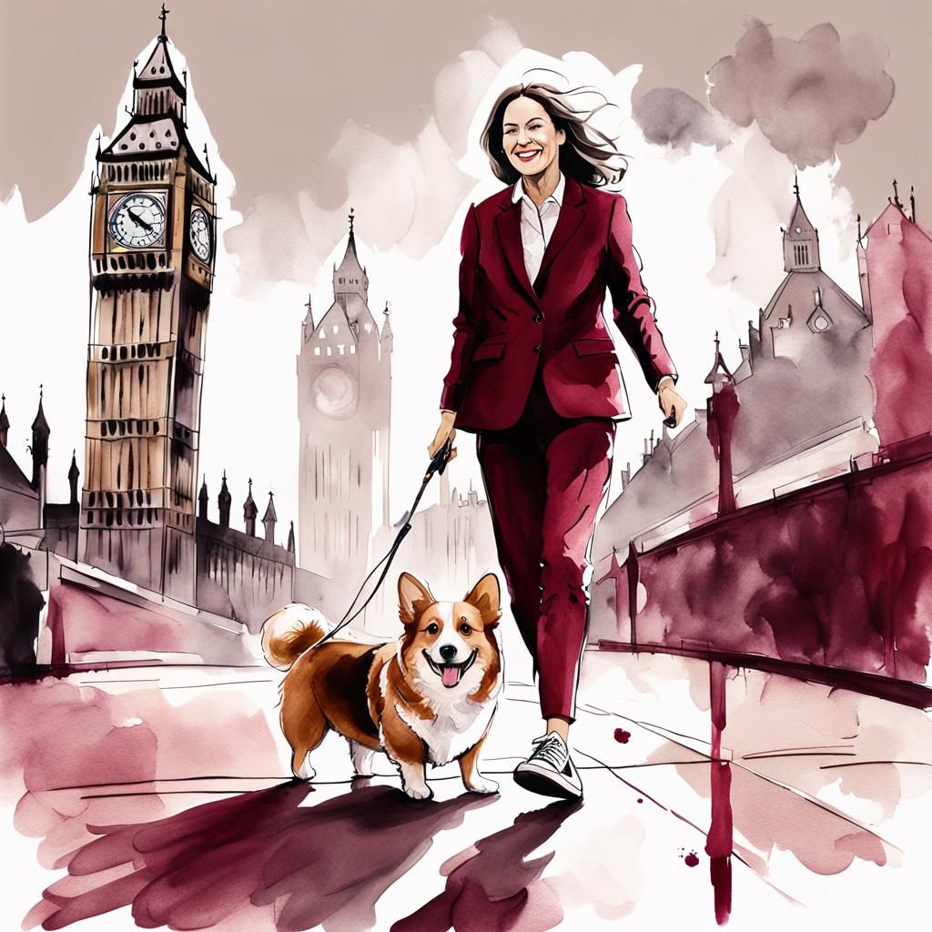 Woman and Corgi near Big Ben in Ink Wash Style