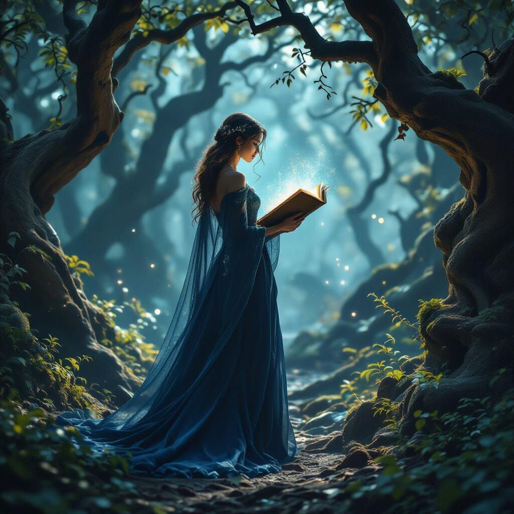 Mystical Forest Woman With Cosmic Tome