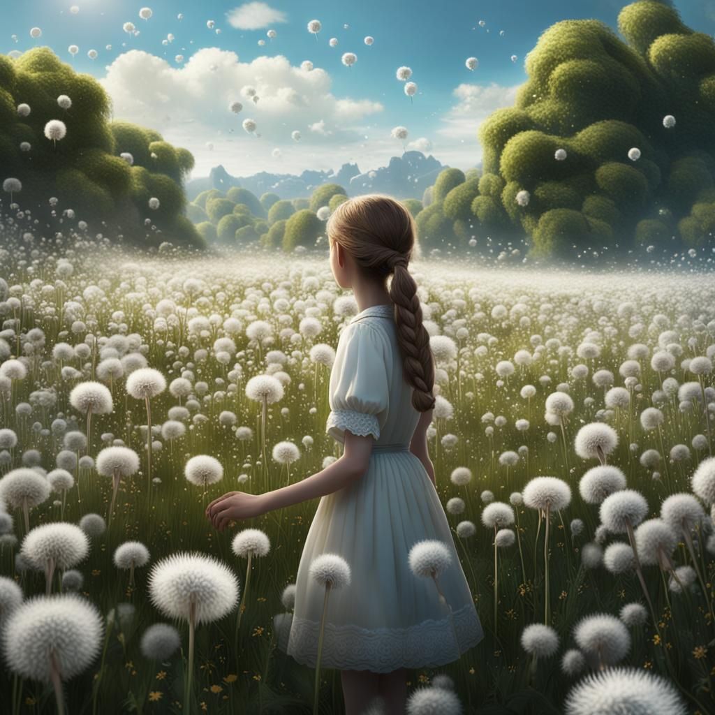 Endless Dandelion Field with Wishing Girl