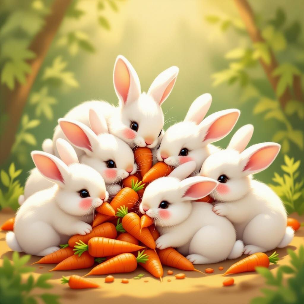 Adorable Baby Rabbits Eating Carrots in Storybook Style