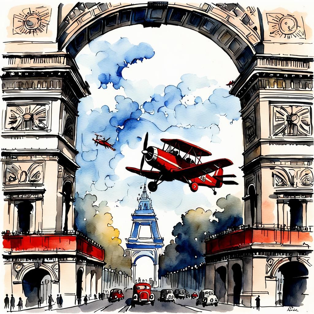 Red Biplane Acrobatics Under Arc de Triomphe: Ink Watercolou...