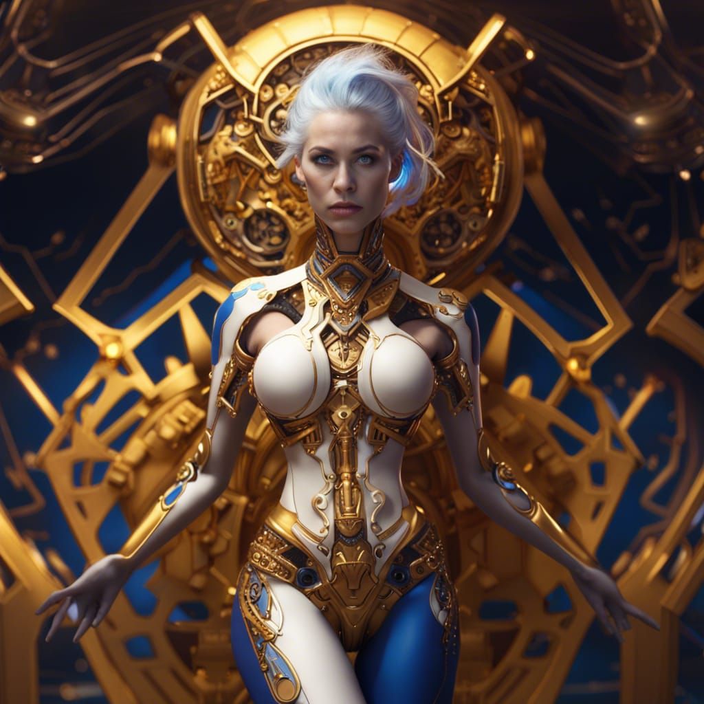 Elegant Cyborg Woman with Gold Background