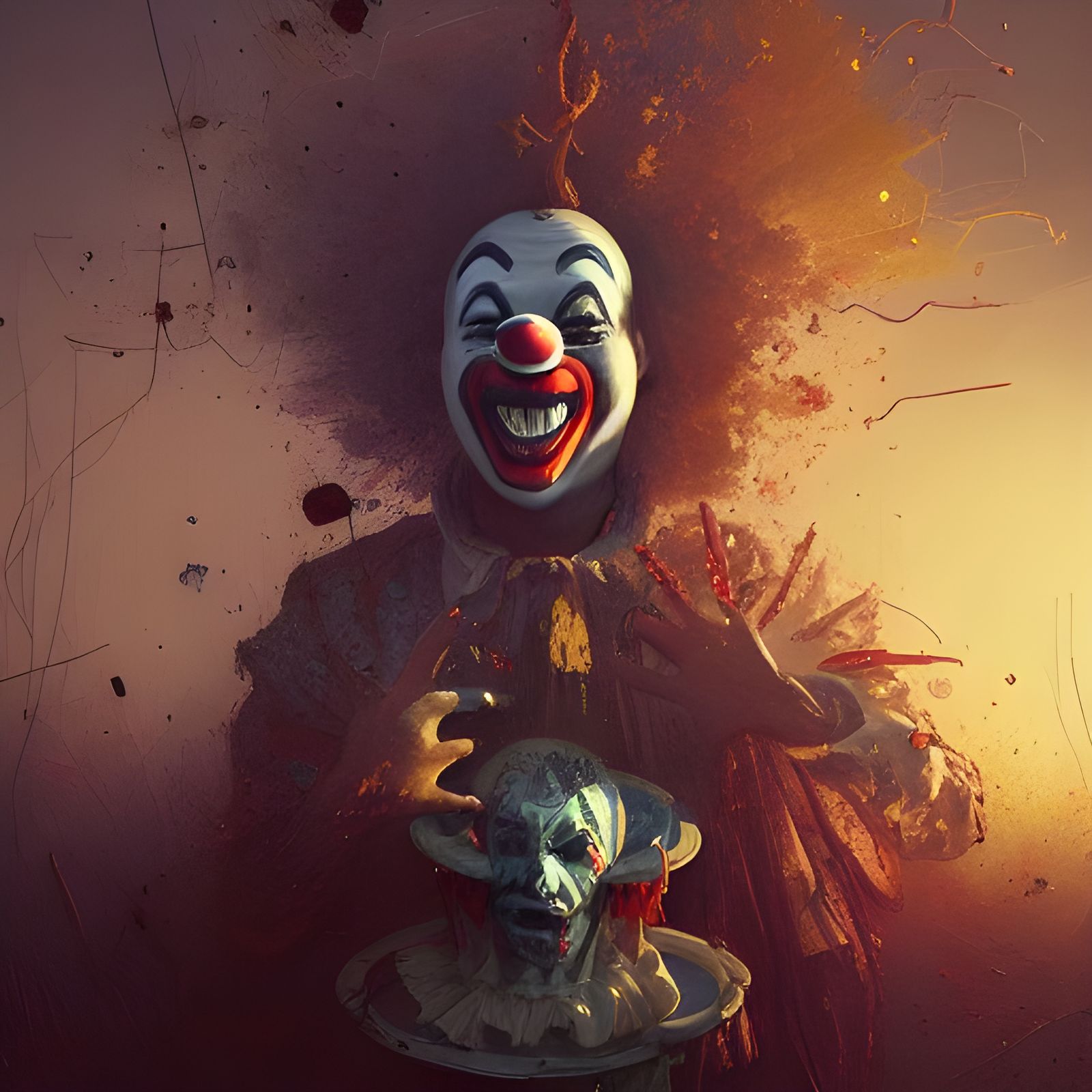 Terrifying Clown Juggling Severed Heads: Fantasy Art