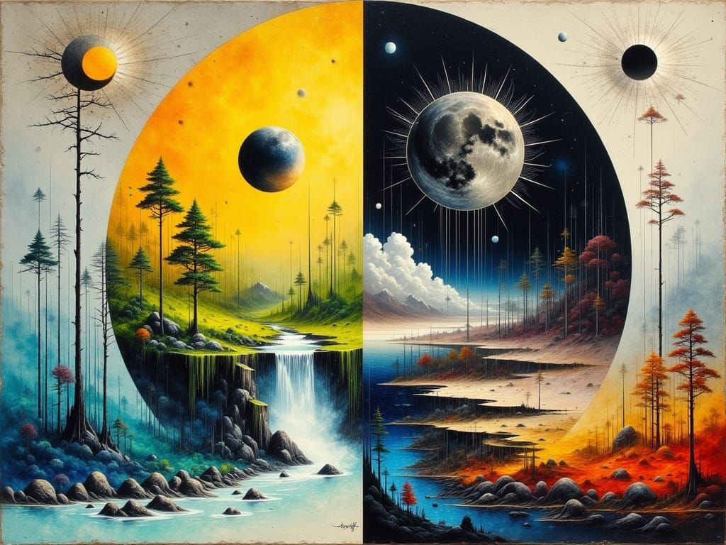 Vibrant Surreal Yin-Yang Landscape in Painterly Style
