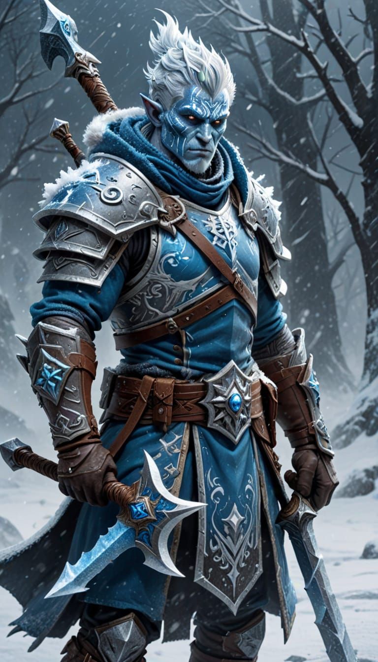 Frost Genasi Cleric Battles in Snowy Storm