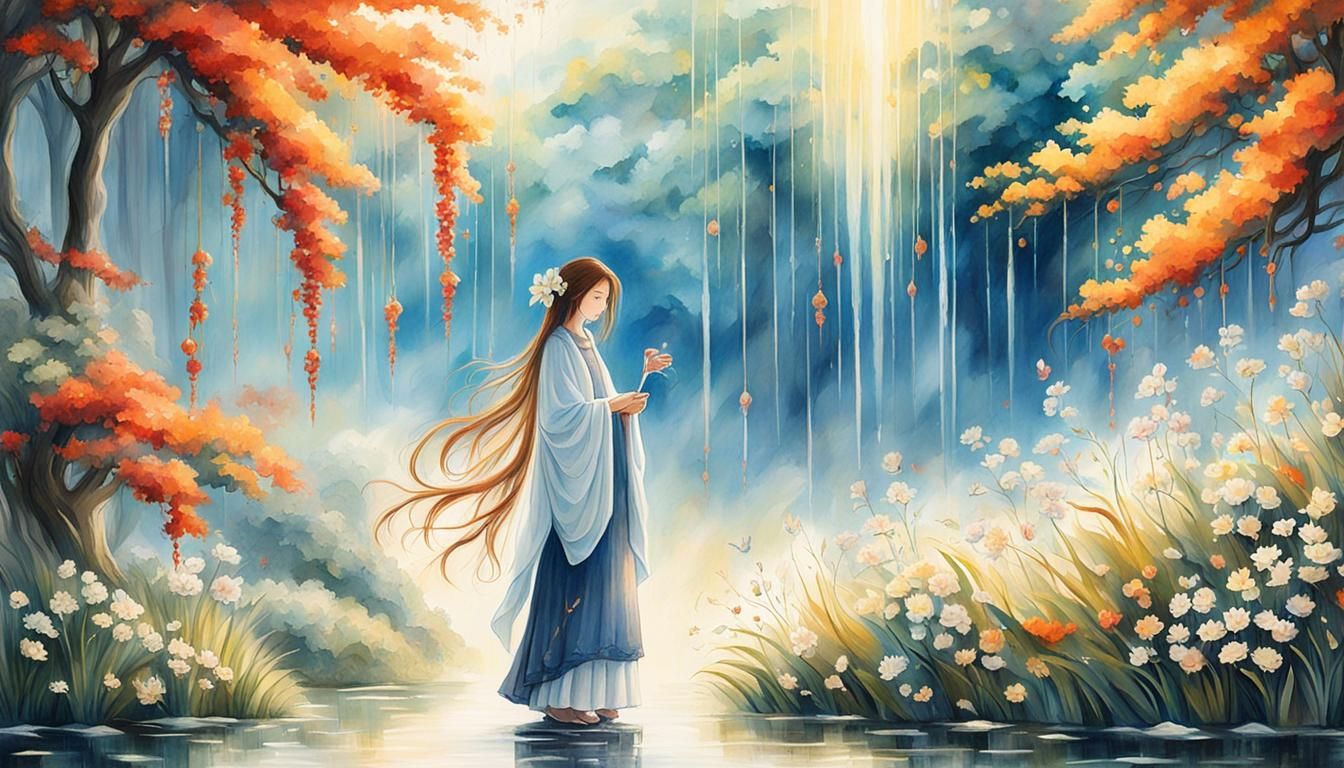 Sad Woman in Asian Folk Art Painting