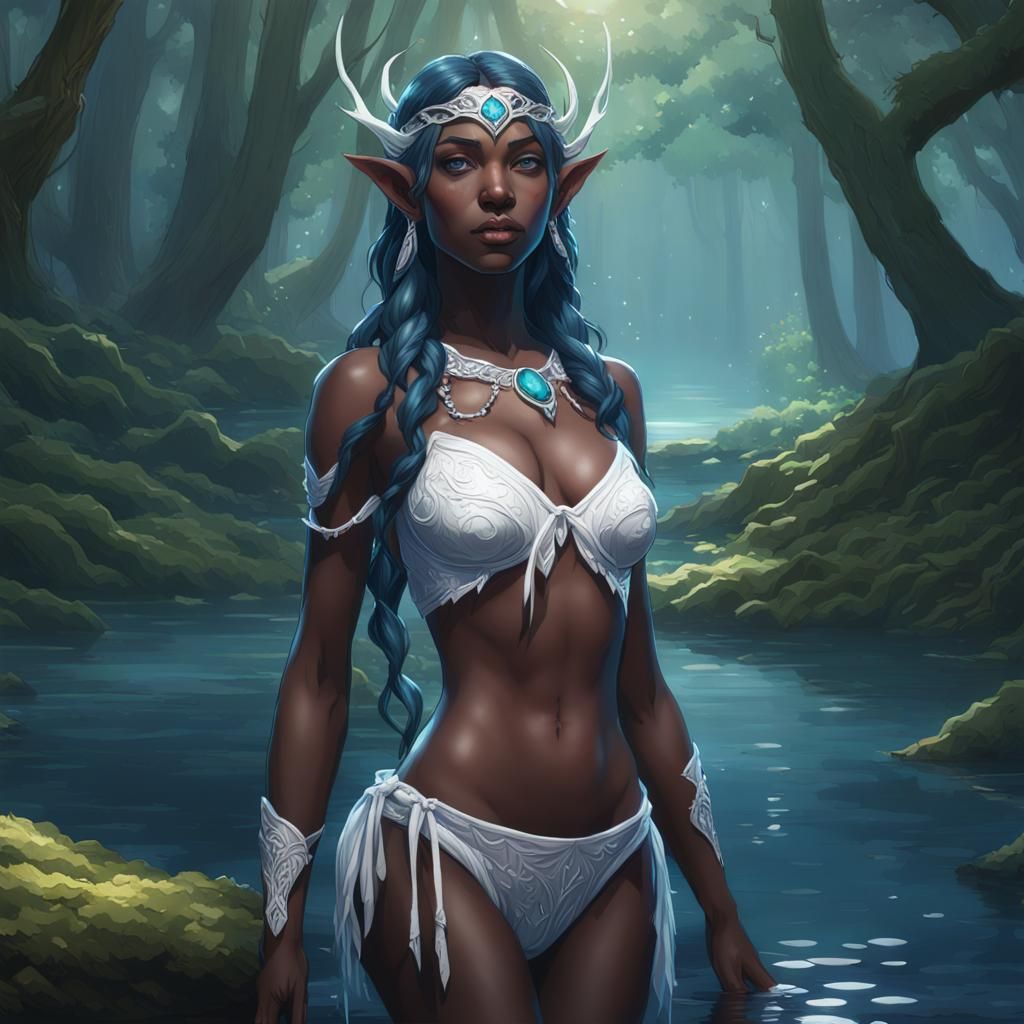 Elven Princess in Forest Lake, Art Nouveau Portrait