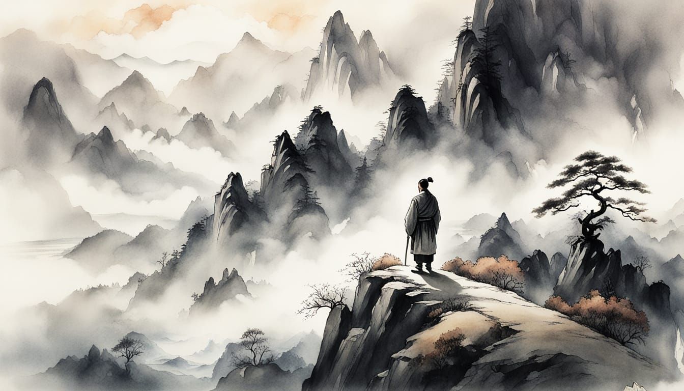Solitary Figure in Mountain Range, Ink Wash Watercolor