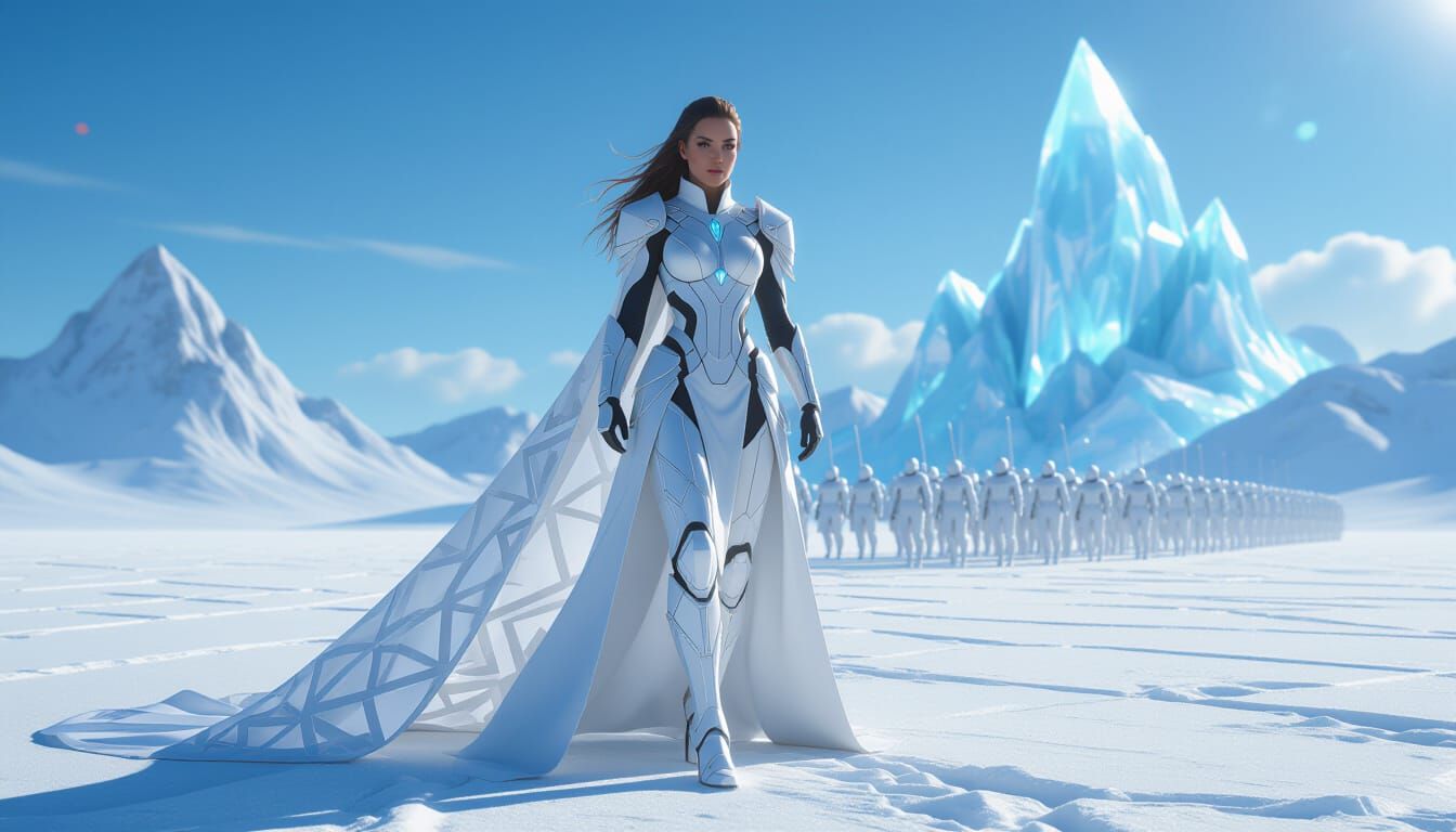 Frozen Commander in Futuristic Crystal Combat Suit