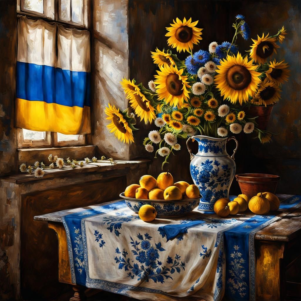 Ukrainian Flag Still Life with Sunflowers