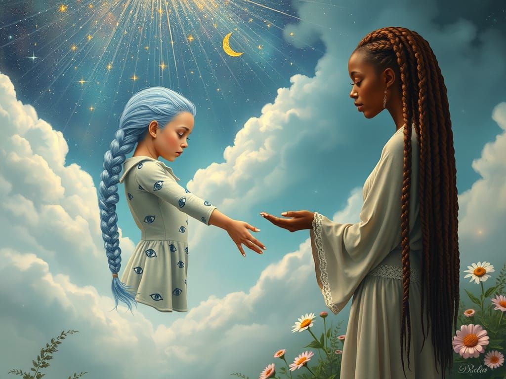 Surreal Women Bridge Celestial and Earthly Realms in Harmony