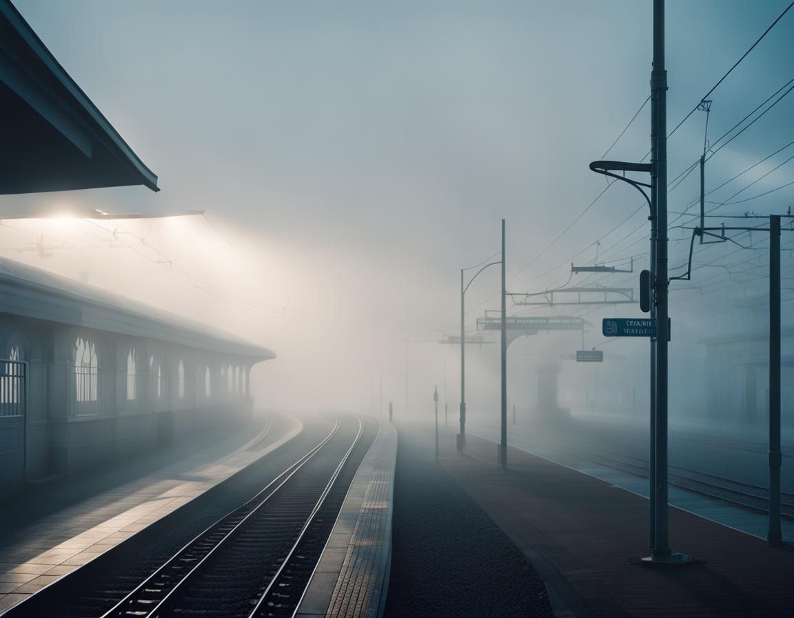 Misty Suburban Train Station in Morning Light