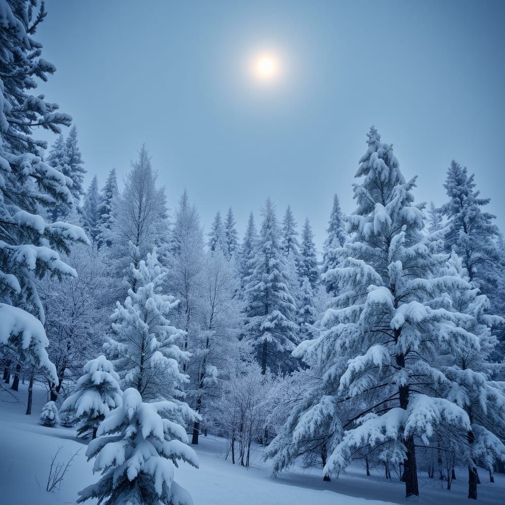 Winter Pine Forest Under Moonlit Snowfall