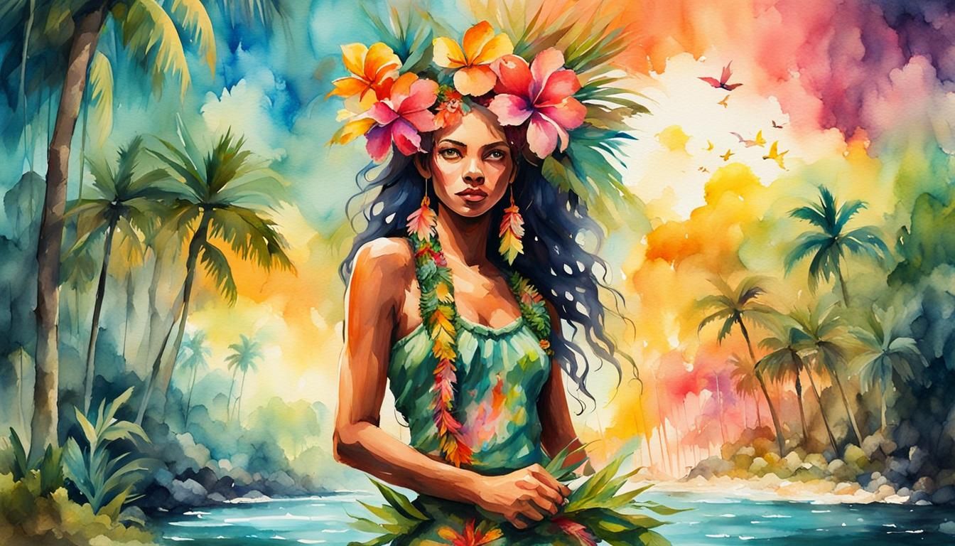 Tropical Fairy Woman in Watercolor Graffiti Style
