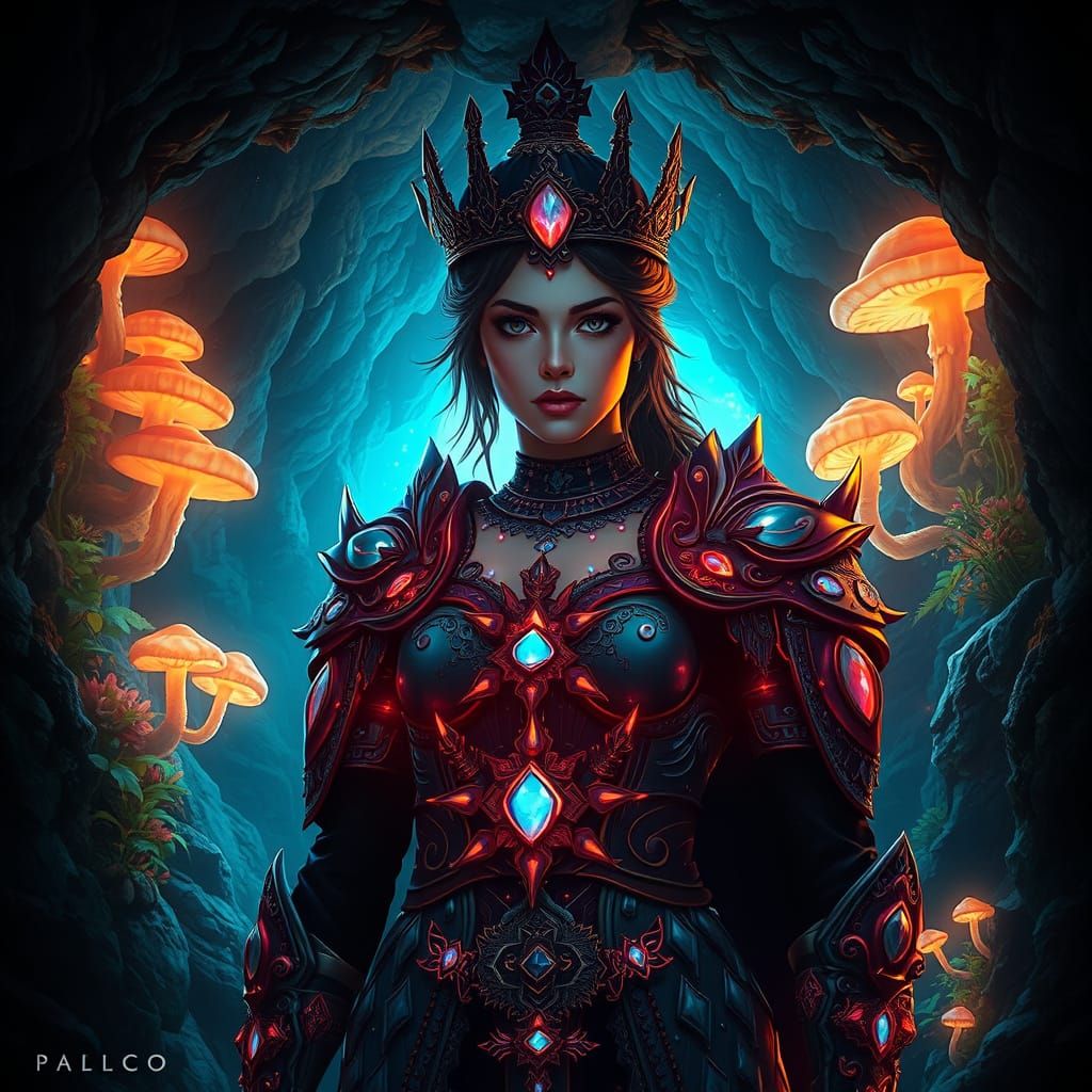 Warrior Queen in Bioluminescent Cave Entrance