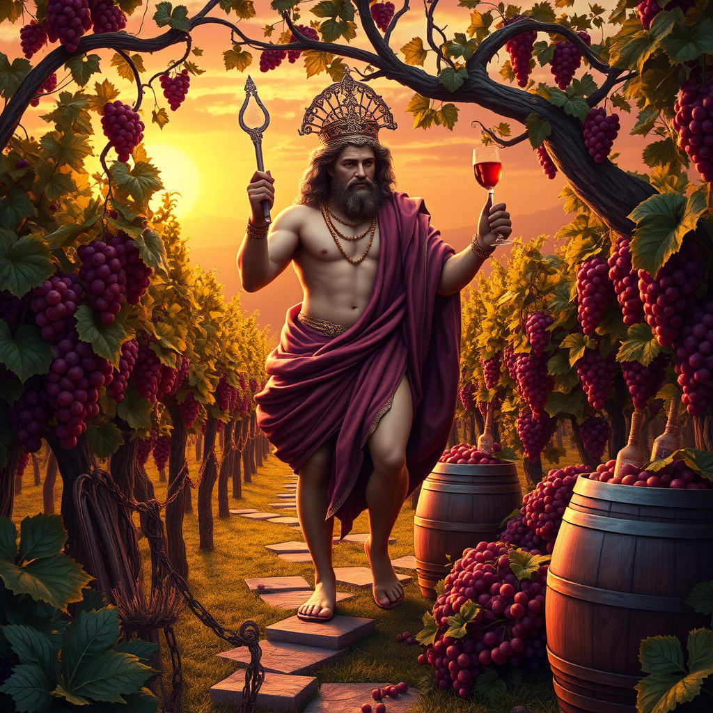 Bacchus in Lush Vineyard: Hyper-Realistic Matte Painting