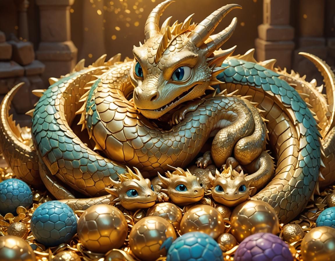 Cute Mother Dragon Protects Sleeping Babies