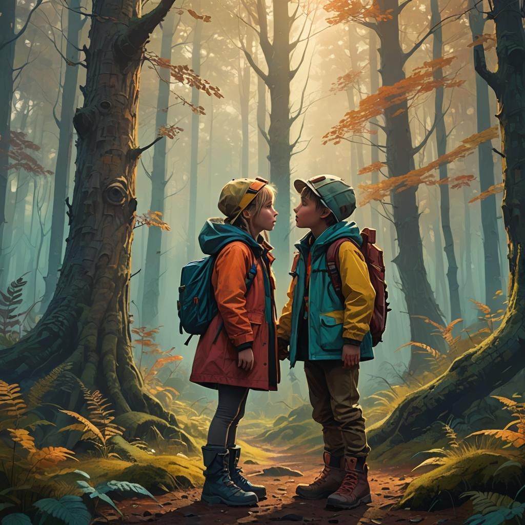 Kids Kissing in Whimsical Forest, Digital Oil Painting