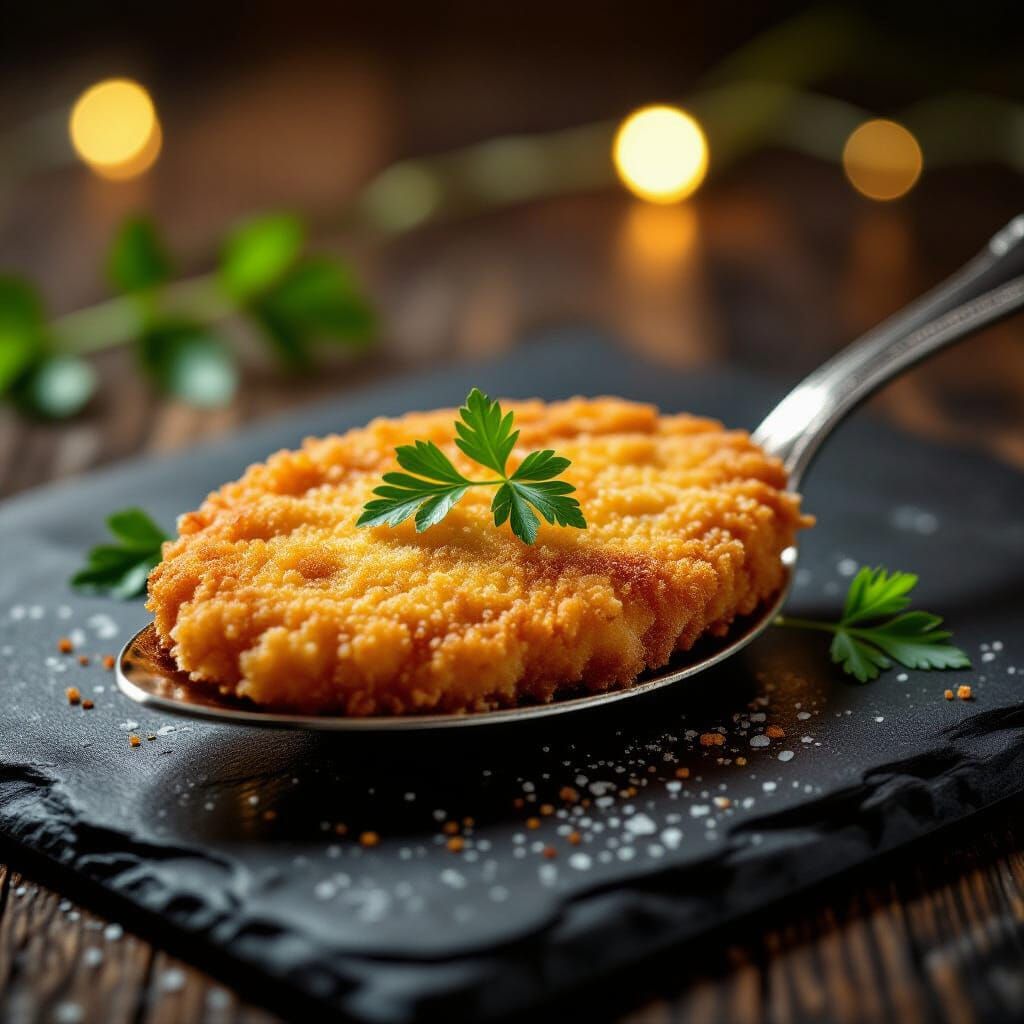 Golden Schnitzel on Spoon, Appetizing Food Photography