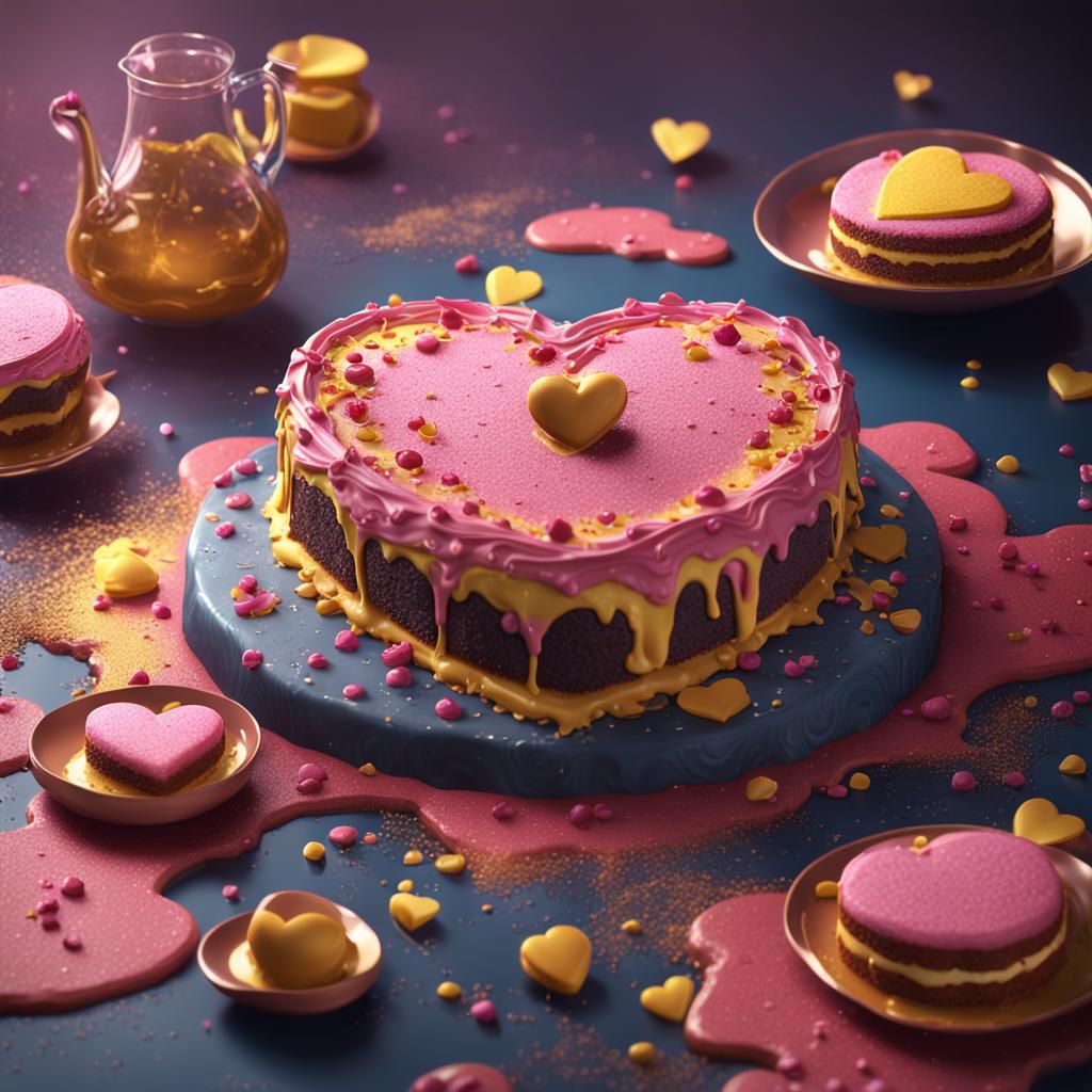 Heart Sponge Cake: Detailed Matte Painting in Brown and Yell...