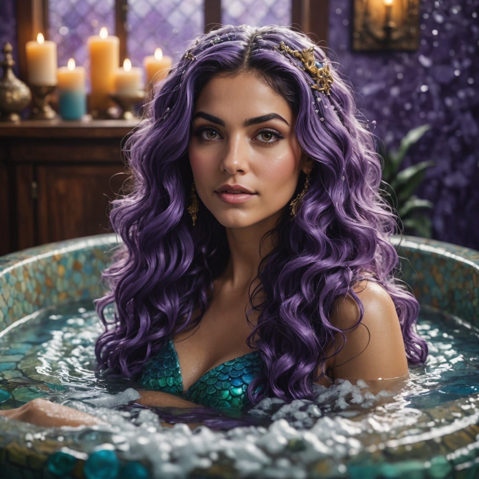 Persian Mermaid in Suds: Hyperrealistic Splash Art