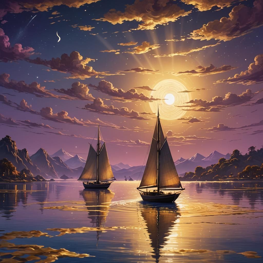 Golden Sailboat Sunset: Fantasy Concept Art