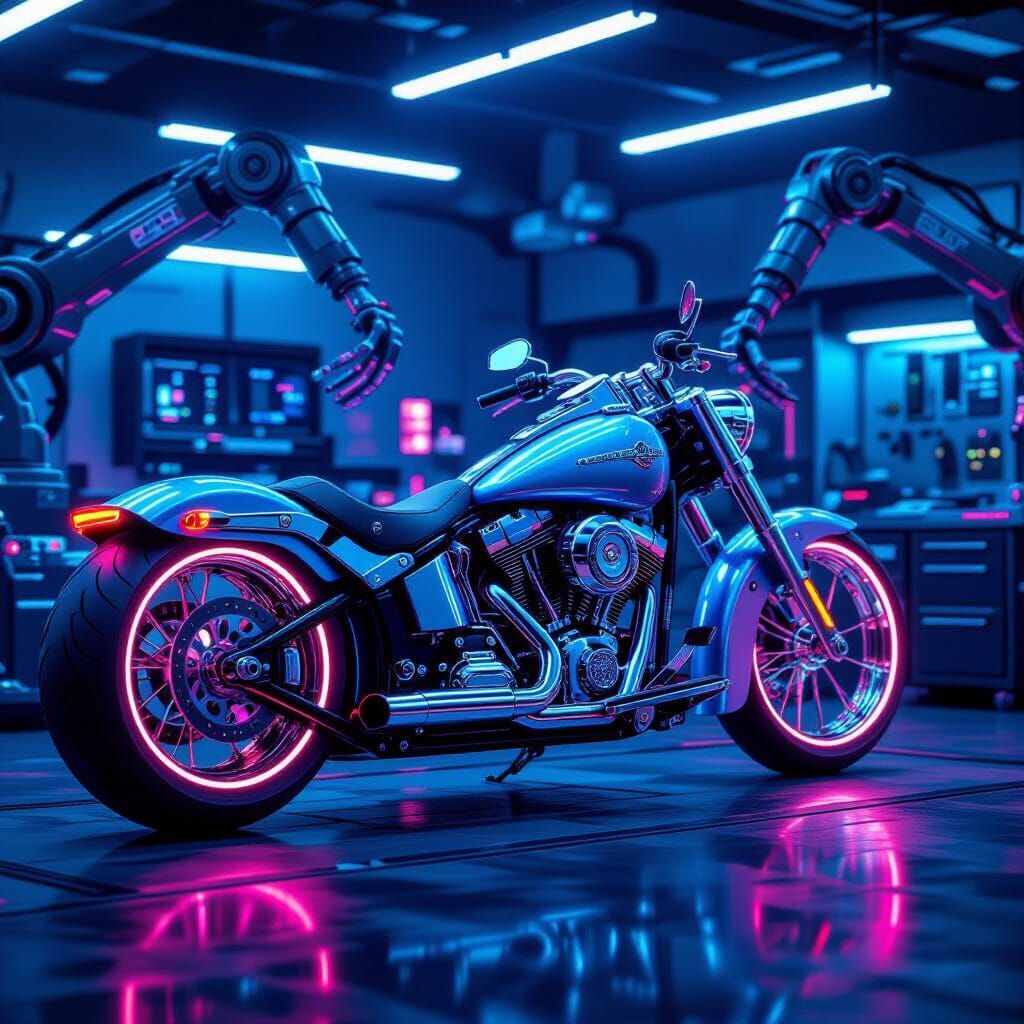 Futuristic Motorcycle Repair Shop in Neon-Lit 3D Style