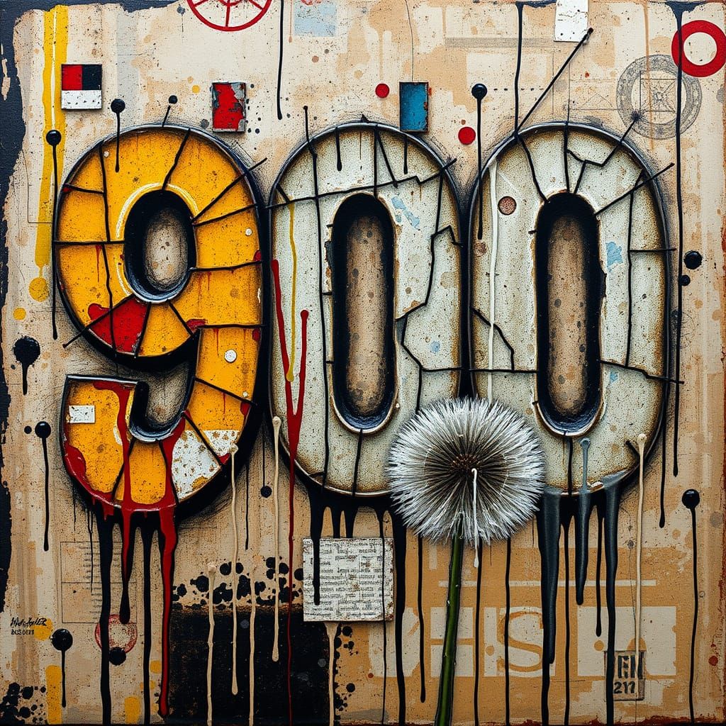 Distressed Grunge Dandelion in Encaustic Fusion Style