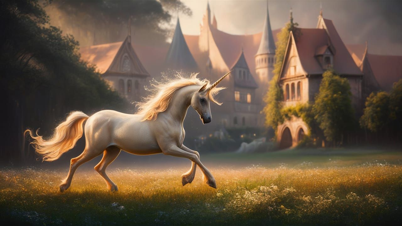 Unicorn Galloping Through Golden Meadow, Ethereal Fantasy