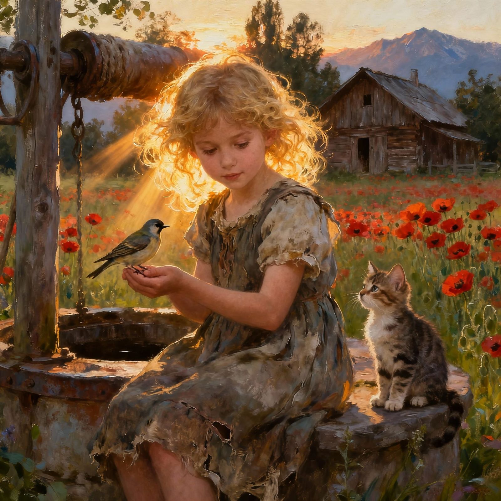 Dreamy Oil Painting of Girl Holding Bird by Old Well