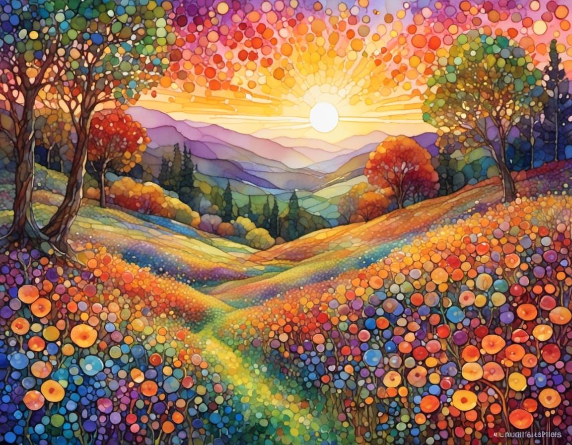 Psychedelic Pointillism Sunset Field Painting