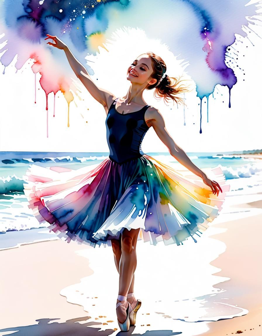 Ballerina Dances on Beach in Watercolor Style