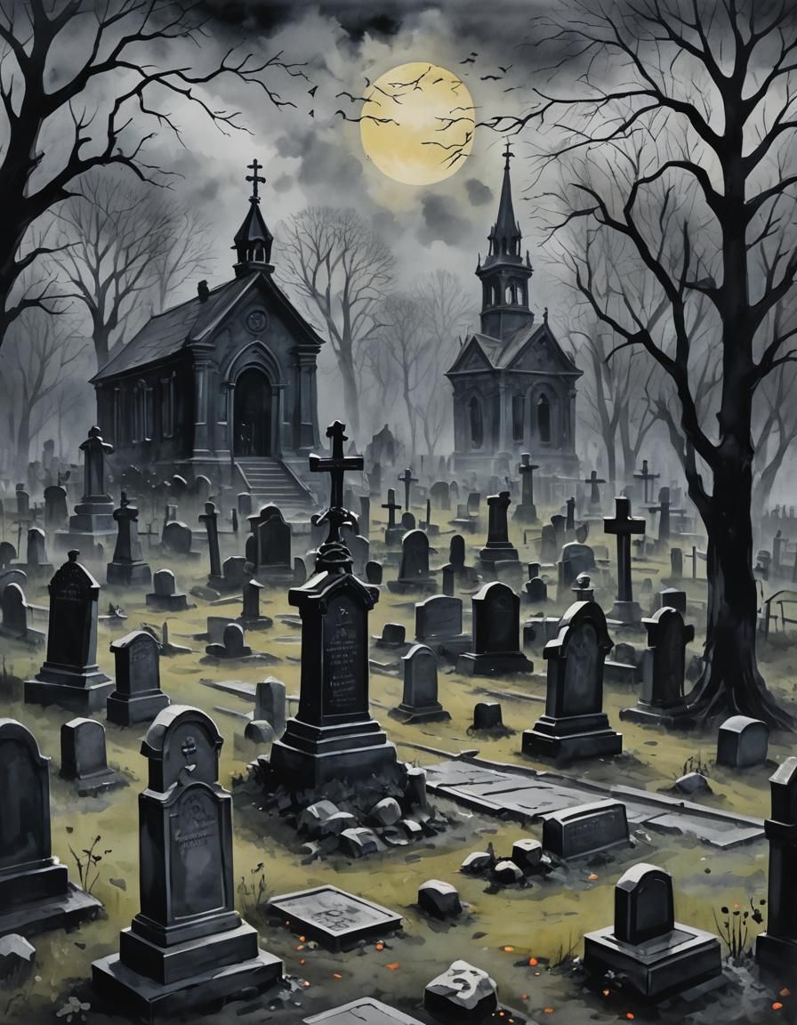Smokey Gothic Cemetery Horror in Gouache Style