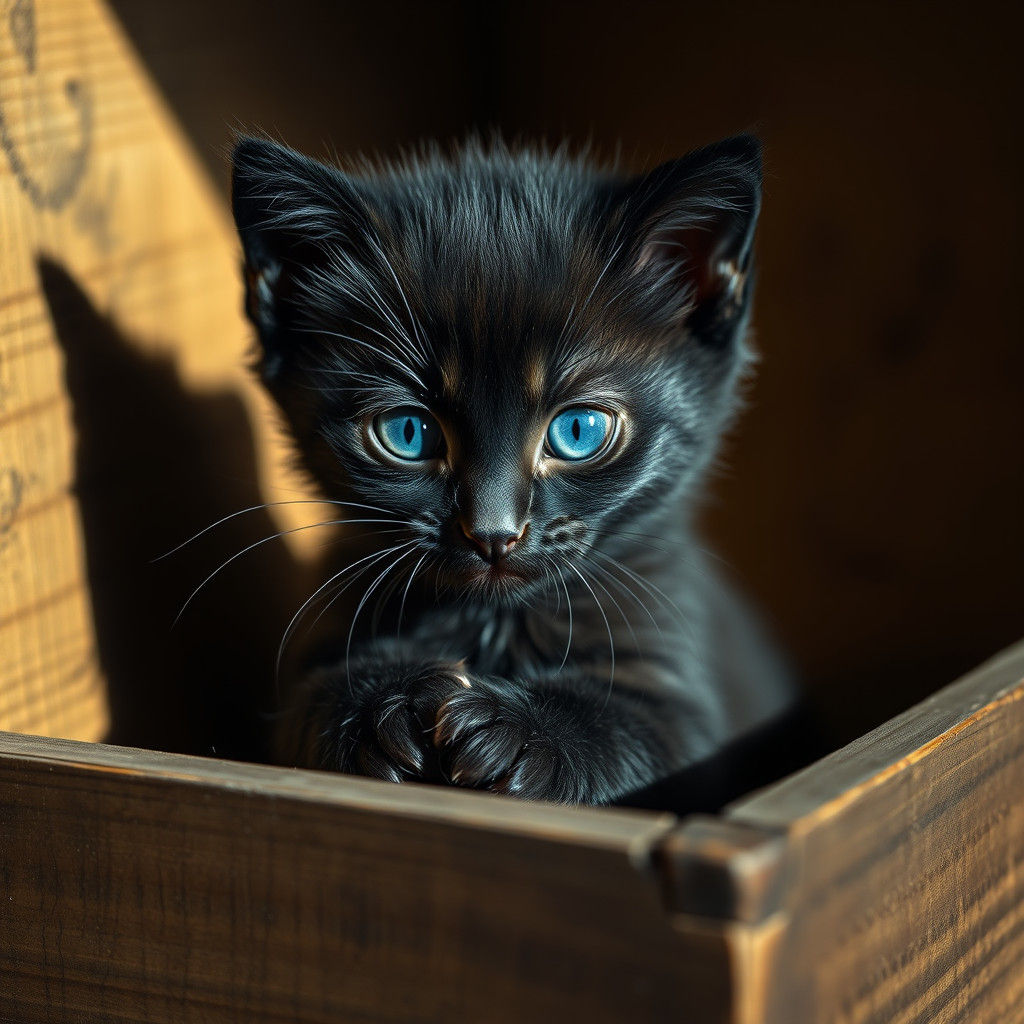 Black Kitten with Blue Eyes in Hyperrealistic Style
