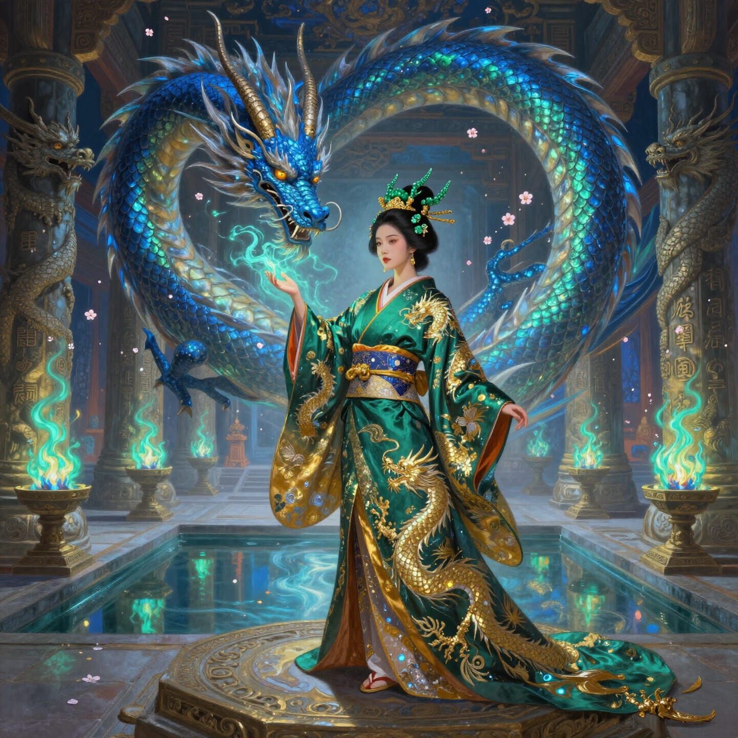 Fantasy Geisha Dragon Priestess Oil Painting