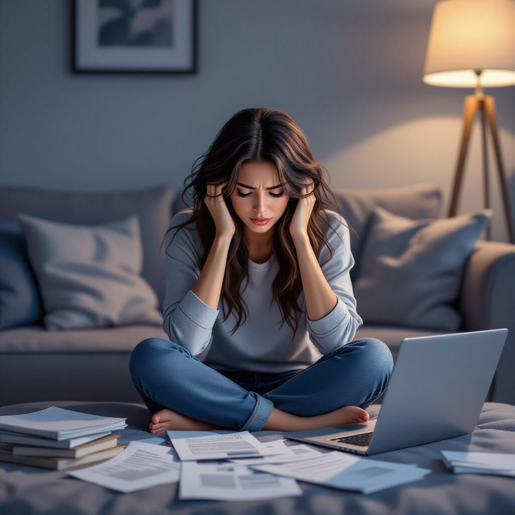 Brunette Woman Depicts Stress in a Cozy Living Room