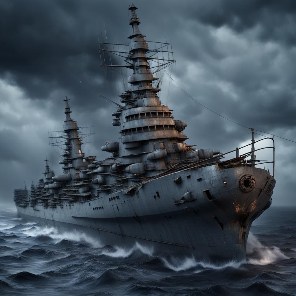 Damaged Battleship in Storm: 3D Render