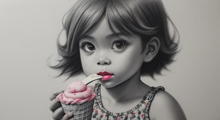 Girl Enjoying Ice Cream: Detailed Charcoal Drawing