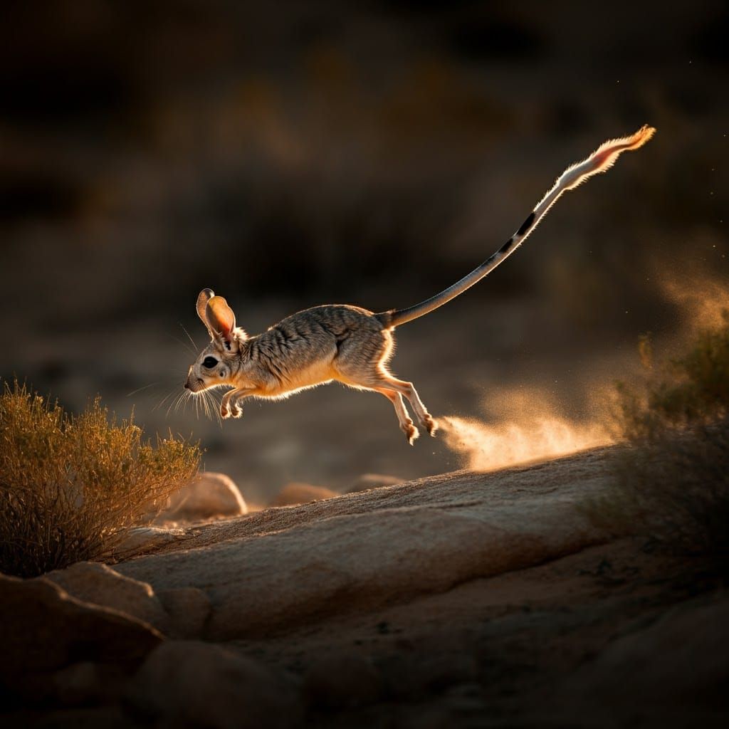 Long-Eared Jerboa Leaping in the Desert