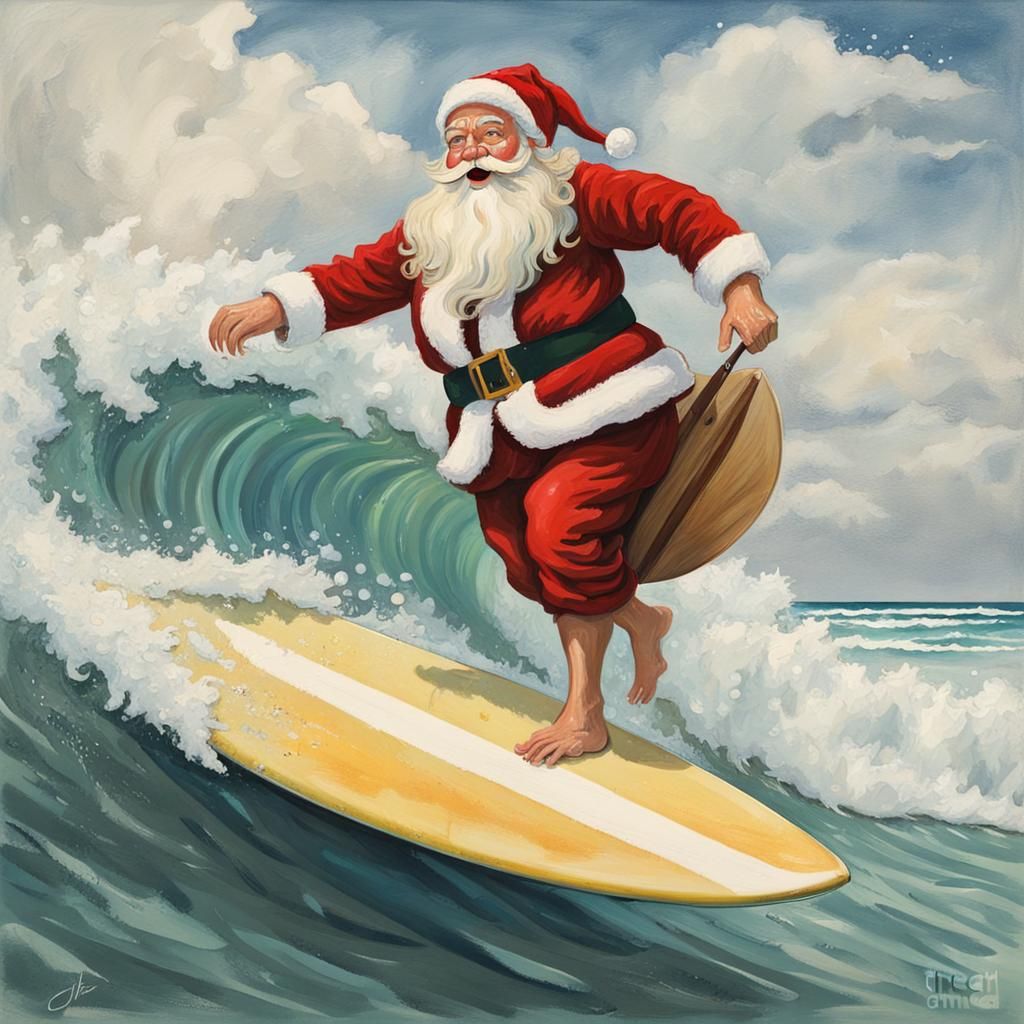 Santa Claus Surfing: A Gouache Painting